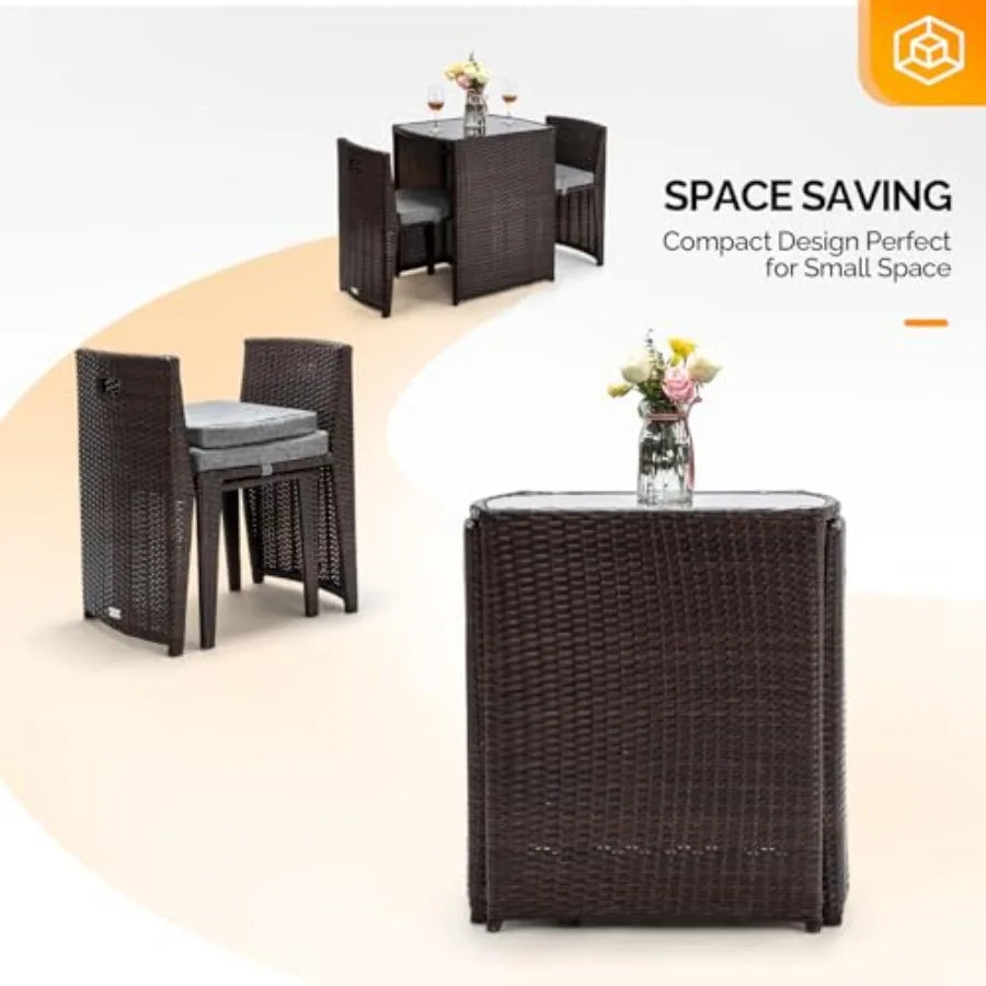 Wicker Outdoor Patio Bistro Set Glass Top Table Chairs