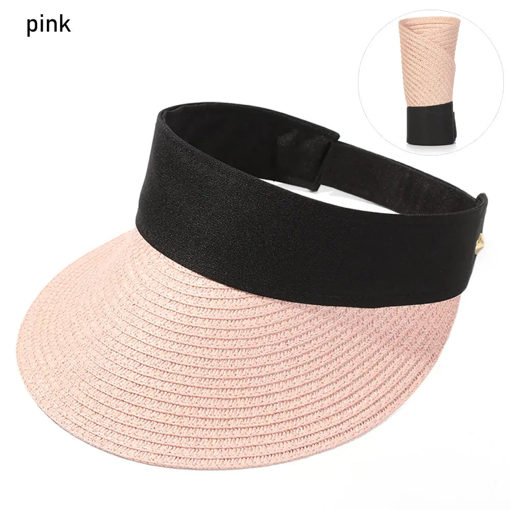 Foldable Portable Beach Hat Wide Brim Sun Hat Roll-up Summer Casual Straw Cap Visors For Women