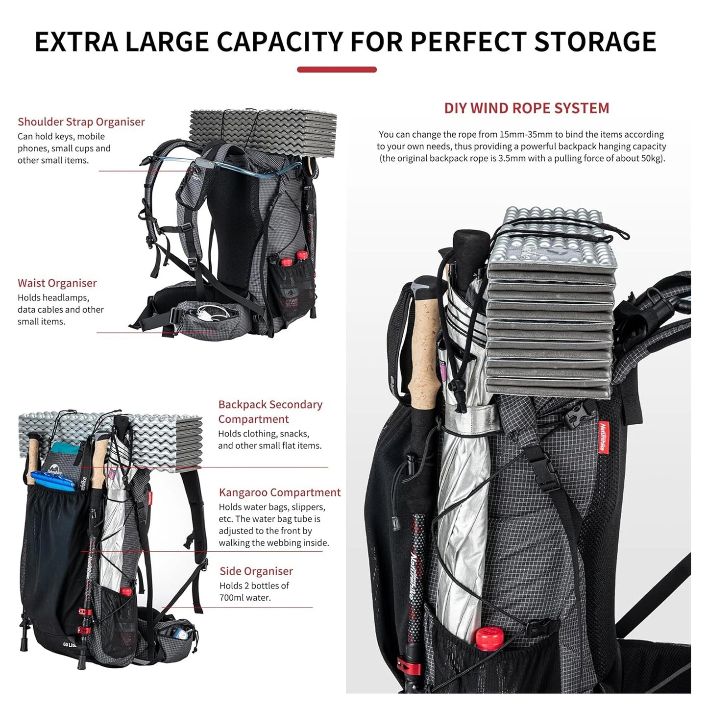 Naturehike Rock Outdoor Bags 40L 60L Travel Backpacks Large Capacity 60+5L Camping Hiking Packs Hiking Bag With Rain Cover