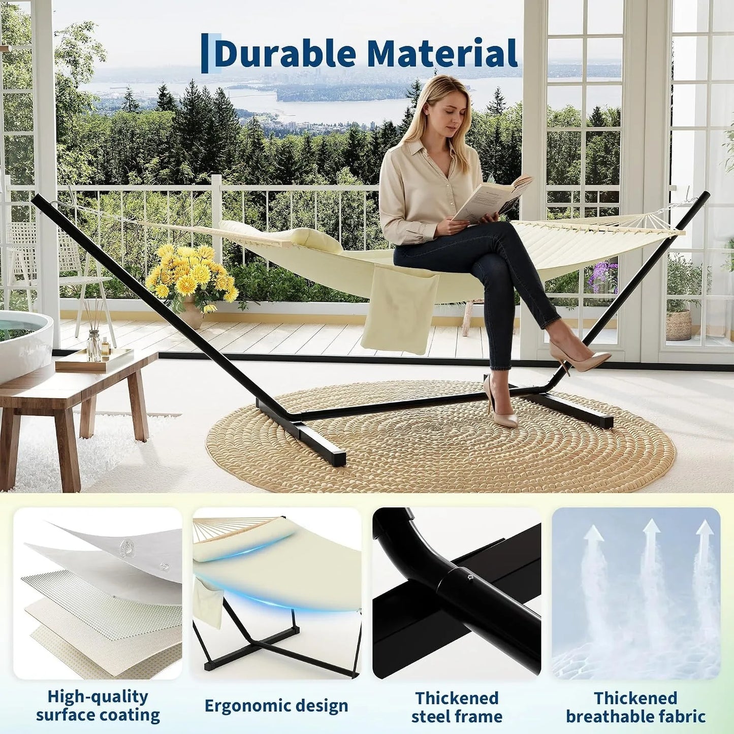 2-Person Hammock with Stand for Outside, 450lbs Double Hammock with Balance Rope and Pillow, Polyester Hammock Set for Backyard Poolside Camping Beach, Off White