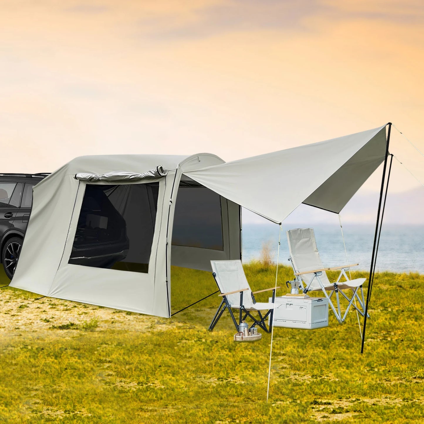 Outdoor Car Awning Tent Pu3000 Waterproof Camping 210T Silver-Coated Polyester UV40 Sunscreen 5-8 People Capacity