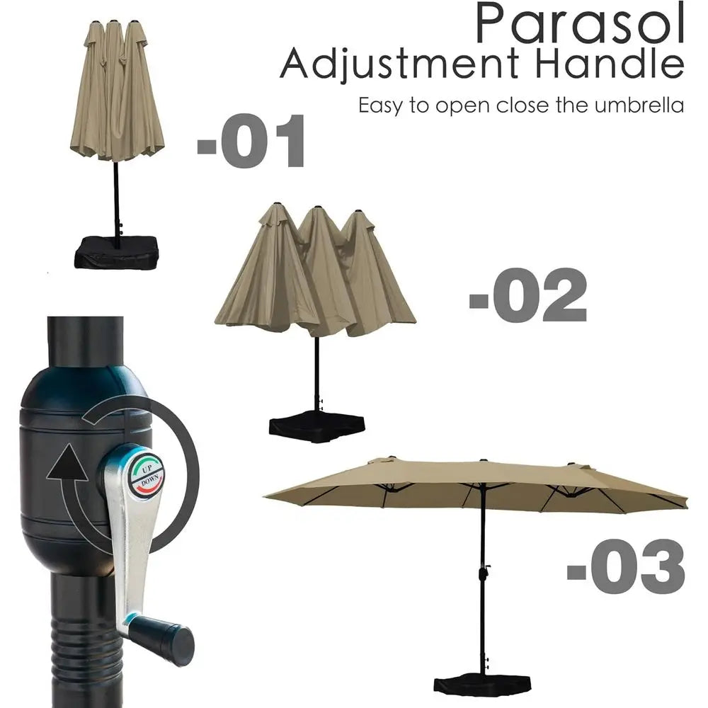 Double-Sided 15ft Patio Umbrella with Crank Lift, UV Protection, and Included Base for Outdoor, Pool, and Garden in Beige