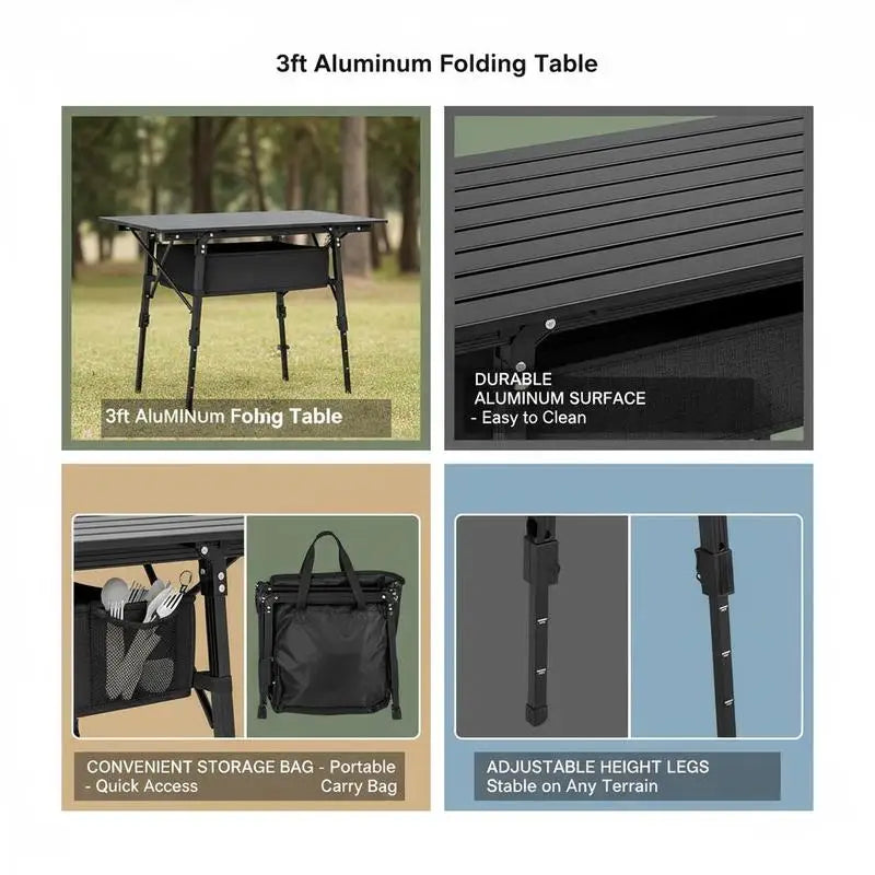 Outsunny camping table with storage basket, height-adjustable, foldable, aluminum, black