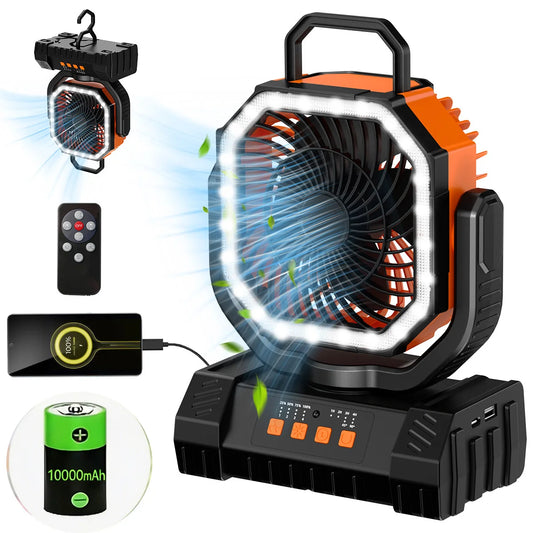 Camping Fan 10000mAh Battery Powered Fan 4 Speeds with LED Light/Hook Rechargeable Outdoor Fan Rechargeable Camping Fan for Party/Power outage/Fishing Outdoor Cooling Fan , Battery Fan with Light, Car Fan, Picnic Accessories,