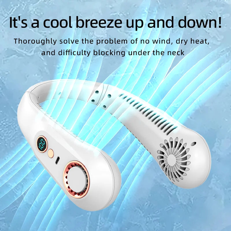 New Summer Portable Mini Hanging Neck Fan Bladeless Neckband Fan Digital Display Power Air Cooler USB Rechargeable Electric Fans