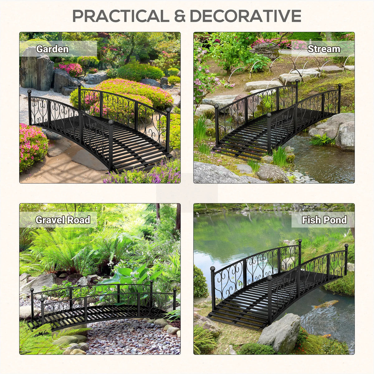 7' Metal Arch Garden Bridge with Siderails, Arc Footbridge, Black