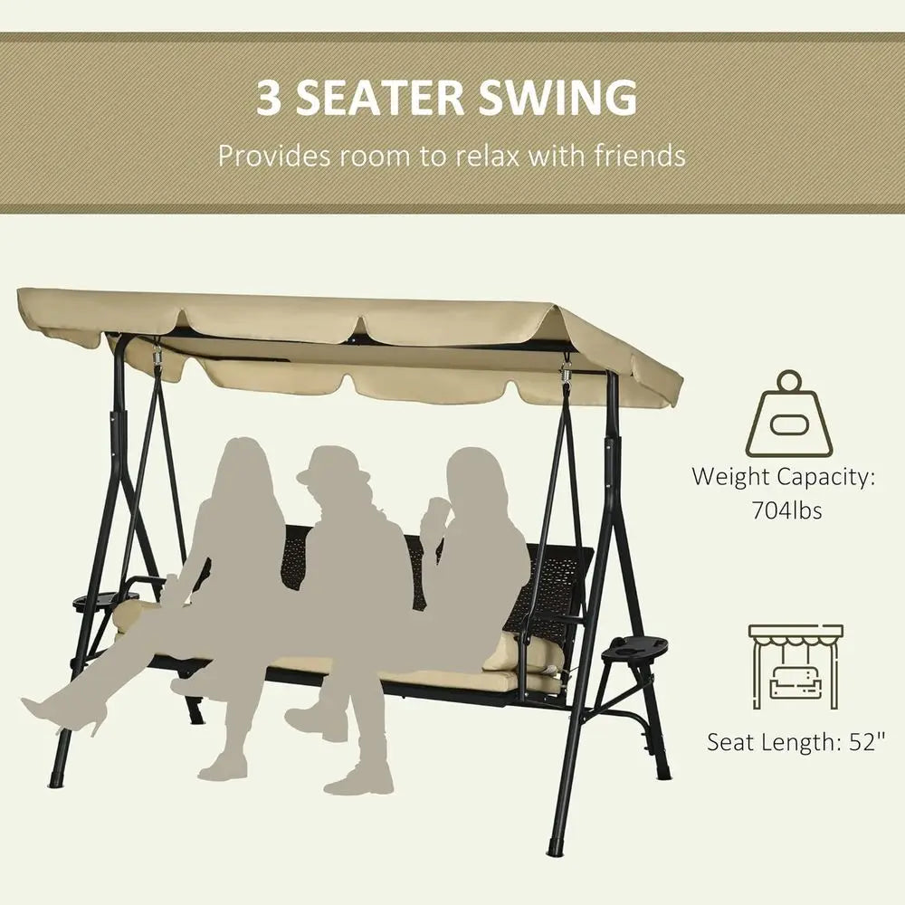 3-Seat Outdoor Swing Chair with Adjustable Shade, Removable Cushion, and Rattan Seat for Garden, Porch, Backyard, and Poolside