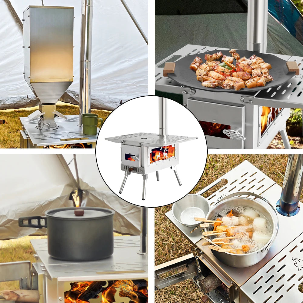 SOTECH Foldable Camping Wood Burning Stove Stainless Steel Outdoor Cooker BBQ Grill With Cooking Pan Chimney Portable Fire Pit For Camping Hiking Picnic Travel Van Life