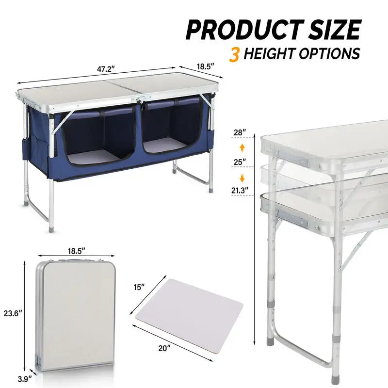 4ft Off-white MDF Desktop Outdoor Folding Table Aluminum Frame Rectangular with Blue Fabric Cabinet 3 Height Adjustments
