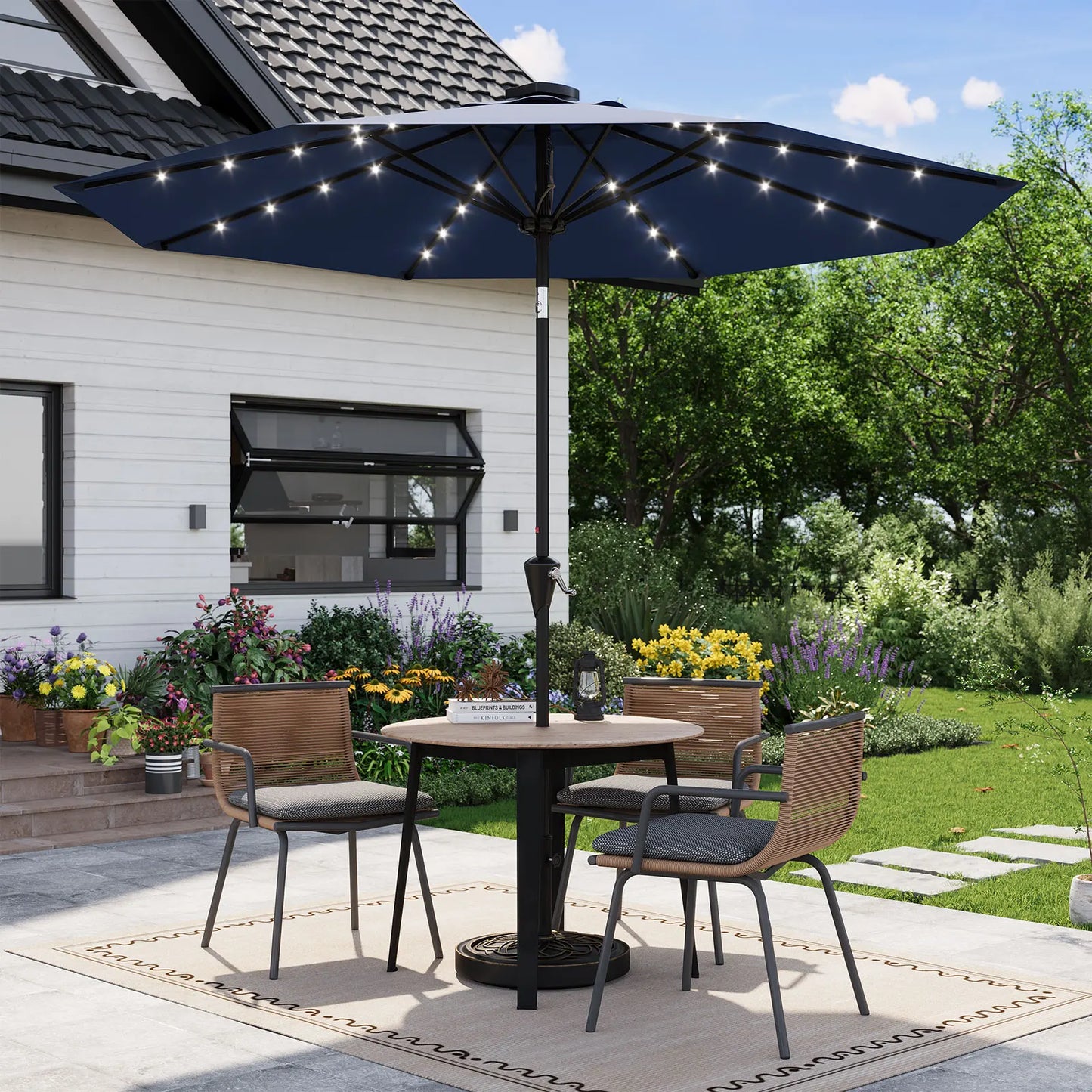 9ft/10ft Solar Patio Umbrella with 32 LED Lights, UPF 50+ UV Protection, Waterproof Fade-Resistant Vented Canopy, Crank Lift & Push-Button Tilt, 8-Rib Market Table Umbrella