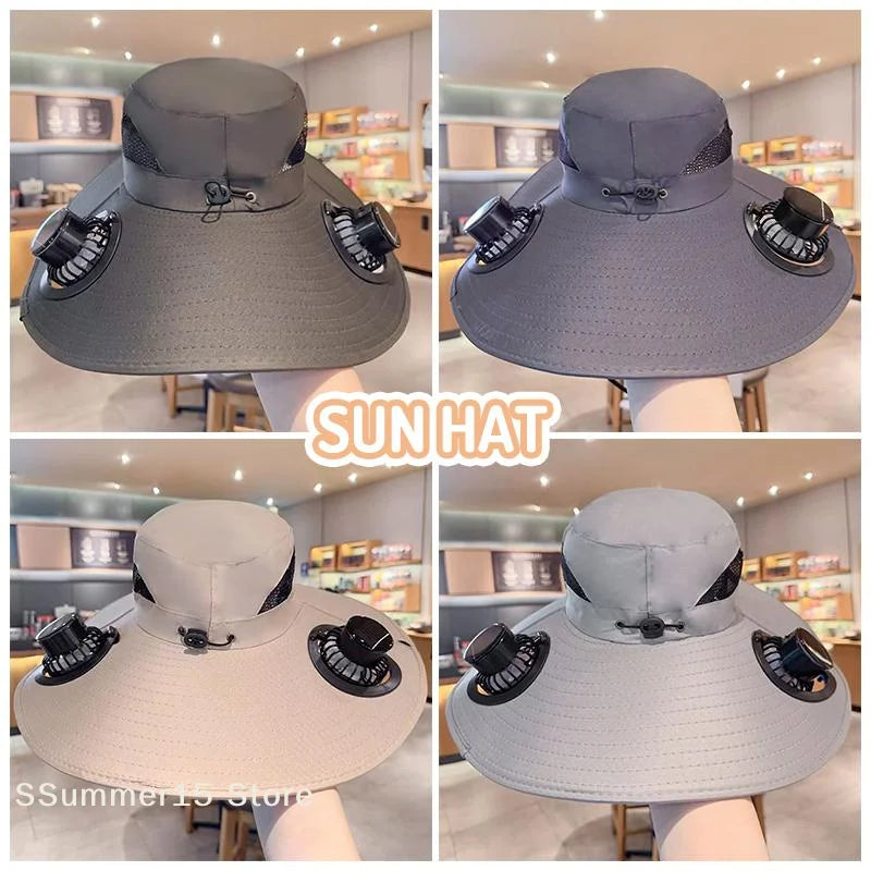 Large Size Quick Dry Bucket Hat With Solar Powered Fan USB Charging Sun Hat For Men Outdoor Hiking Camping Fishing Cooling Wear