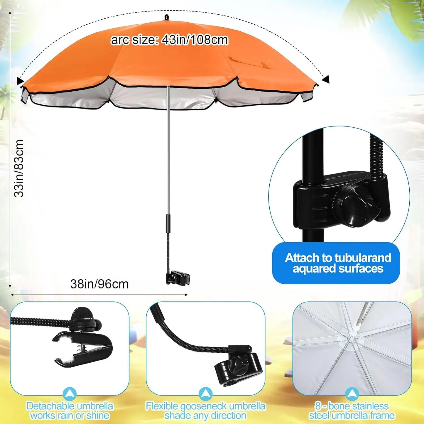 2 Pack Reclining Beach Chairs with Umbrellas Heavy Duty Folding Camping Chair Removable Footrest Adjustable Clip Canopy Lounge Chair Double Pockets Blue