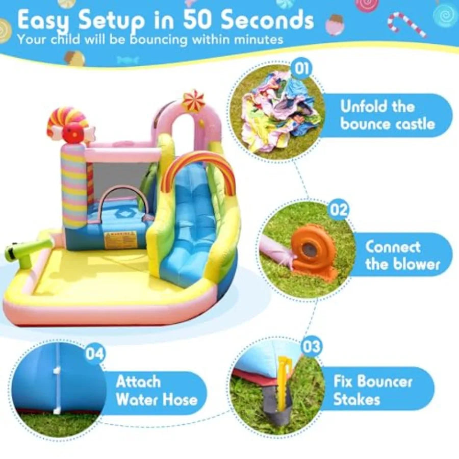 6-in-1 Iatable Water Slide Bounce House for Ages 3-10, Candy Iatable Water Park with Splash Pool, Climbing Wall, Basketball Hoo