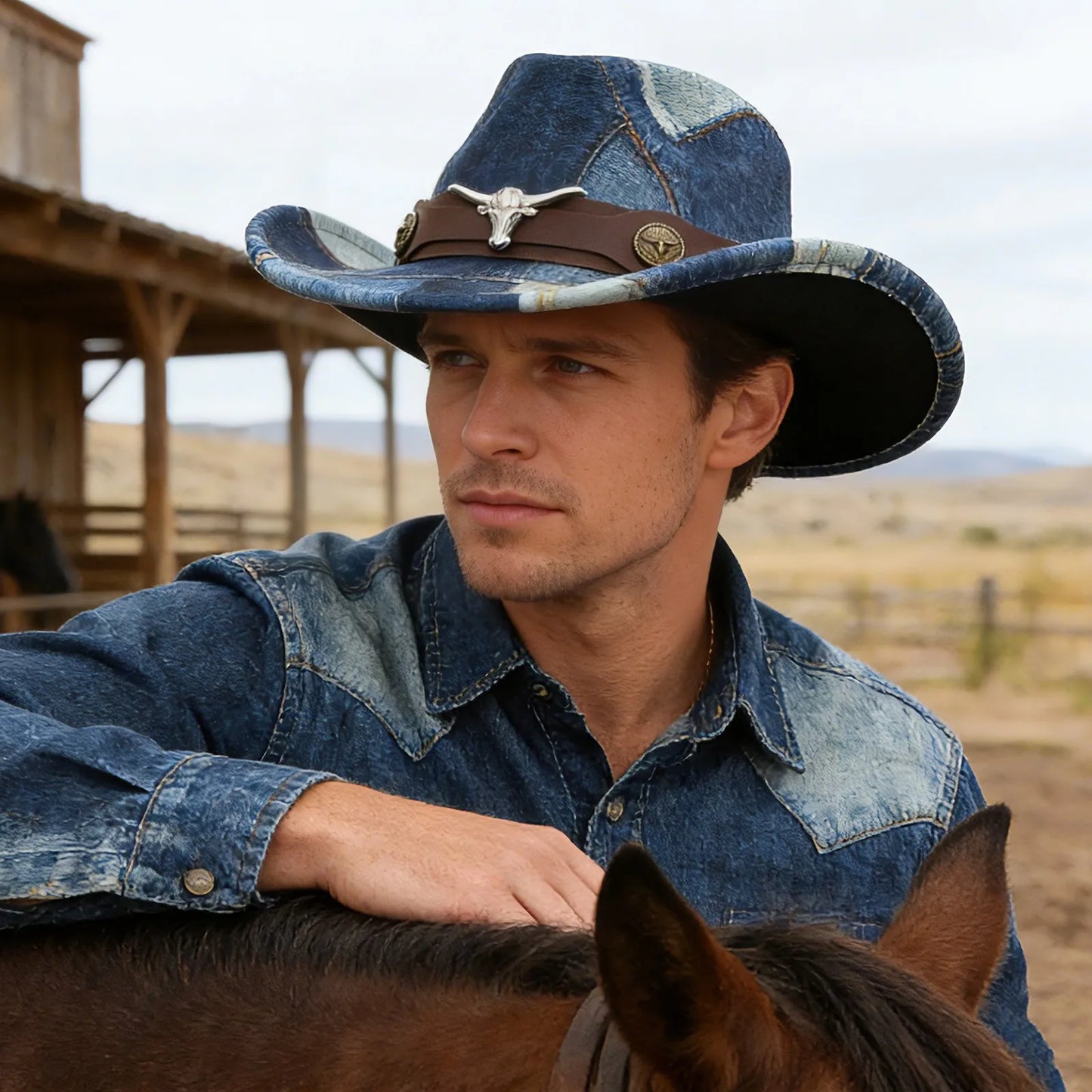 Men's Women's Denim Patchwork Western Cowboy Hat PU Leather Band Bull Head Decor