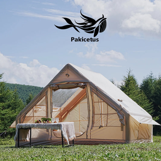 PAKICETUS Premium Inflatable Glamping Tent 4-6 Person, Four Season All-Weather Shelter With Quick Airflow Breathable Mesh Windows, Manual Hand Pump Included, Easy Setup Heavy Wind Resistant Large Family Air Tent House