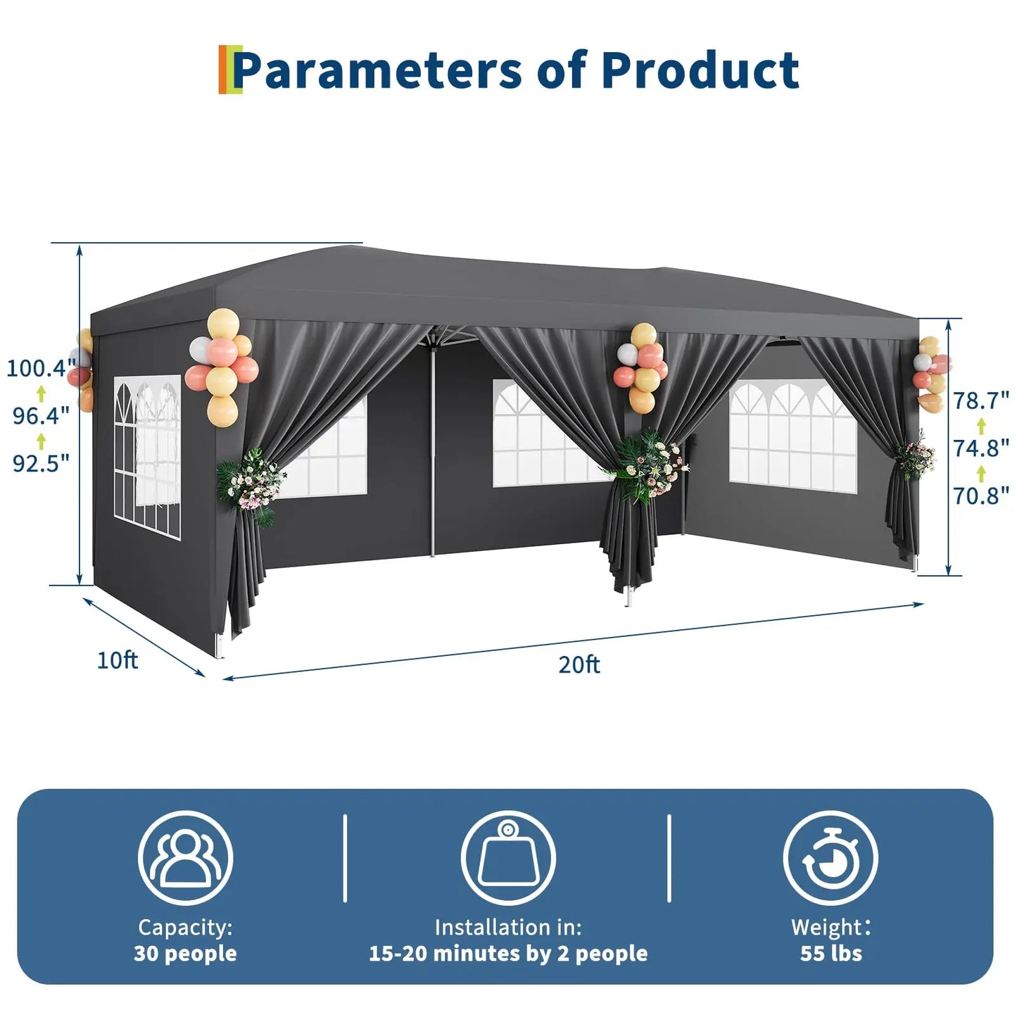 10x20 FT Pop Up Canopy Tent with 6 Removable Sidewalls, Reinforced Waterproof Outdoor Gazebo, 3 Height Adjustable Party Tent for Wedding, Market, Backyard Events, Includes Carry Bag