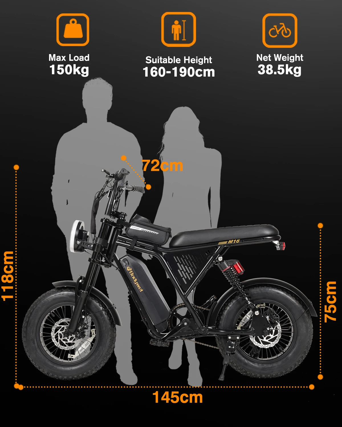 1500W peak Motor Bodywel M16 PRO Fat Tire Electric Bike, 48V 15.6Ah Removable Battery, 40 Mile Range,16"x4.0 Off-Road E-Bike, UL2849–Ships from US