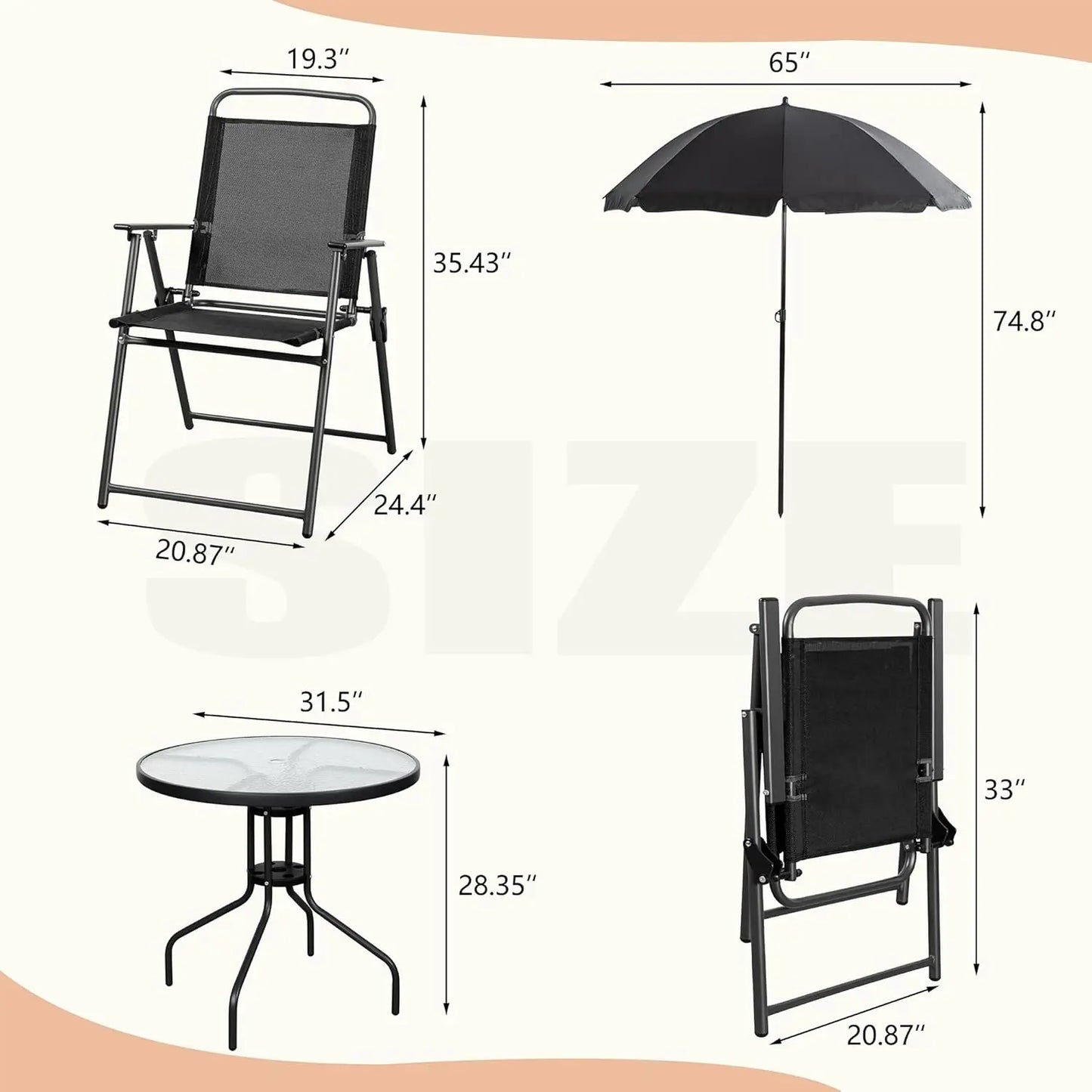 6 Piece Folding Metal Patio Dining Set Outdoor Table Chairs with Umbrella Hole for Lawn Deck Backyard Garden Black
