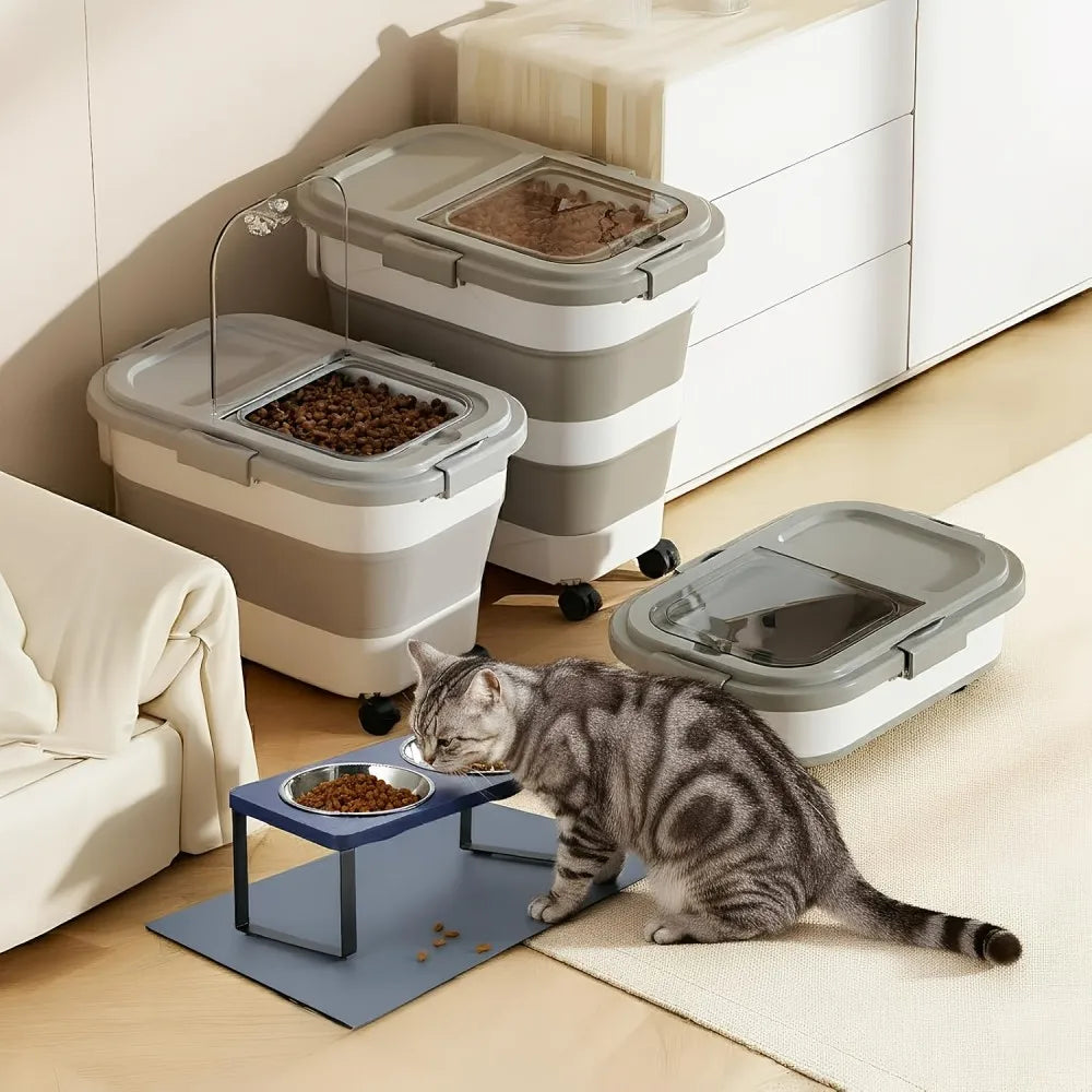 Collapsible Pet Food Container With Airtight Lid And Roller Wheels