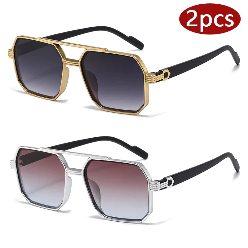 2pcs Trendy Metal Polygonal Pilot Sunglasses Luxury Double Beam Unisex UV400 Shades Perfect for Party Daily Wear Outdoor Driving Fashion Stylish Eyewear Ideal Holiday Gift for Men and Women