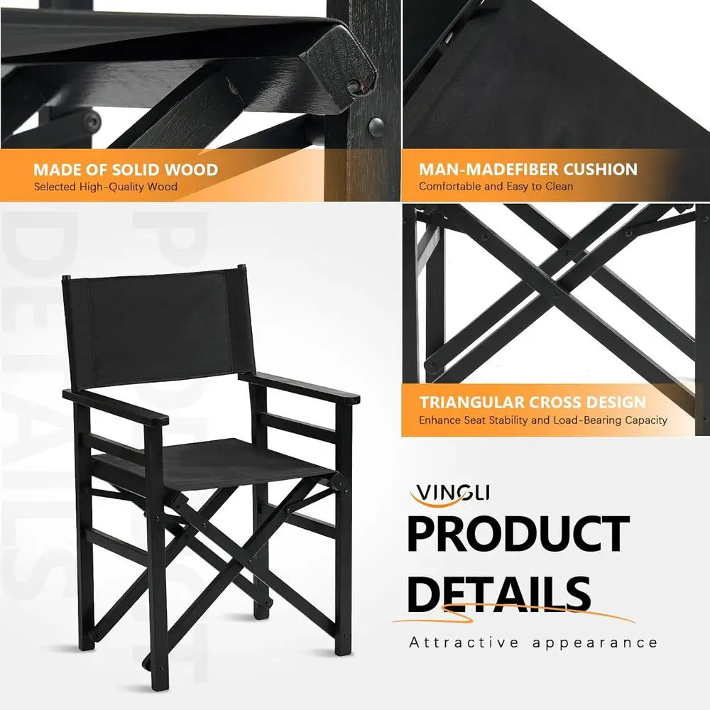 Portable Wooden Folding Director Chairs Set of 2 with Beige Canvas, Durable for Outdoor and Camping Use, Black
