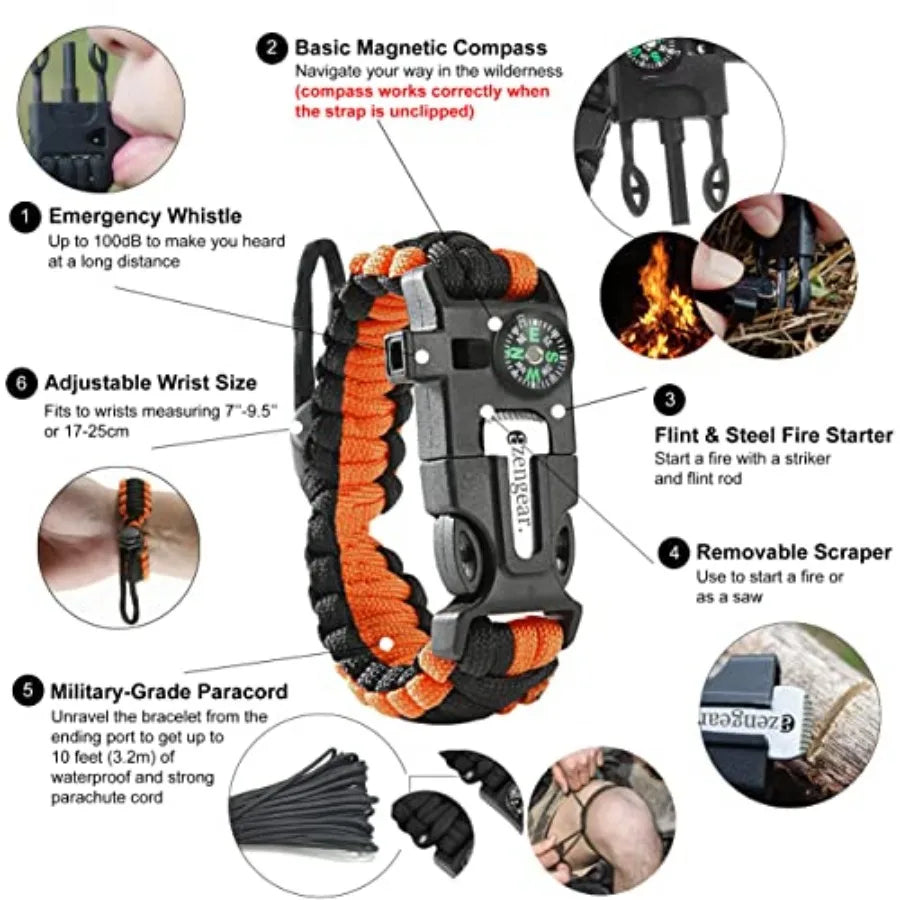 Paracord Survival Bracelet 2 Pack Flint Steel Fire Starter, Whistle, Compass, Mini Saw Adjustable Wrist Band Size for Camping,