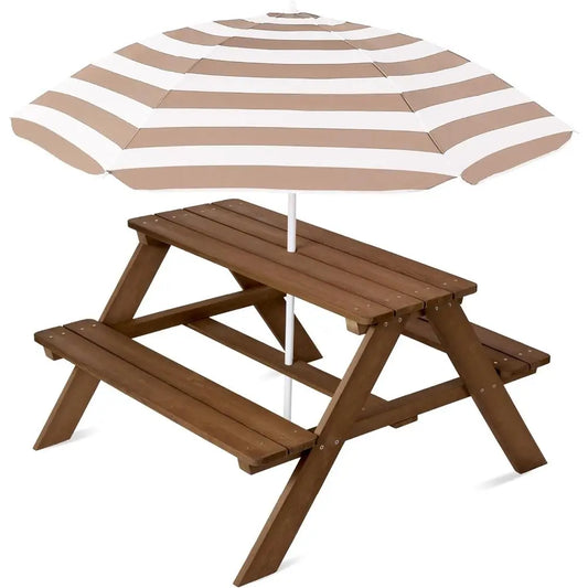 Sturdy Wooden Kids Picnic Table With Umbrella And Benches