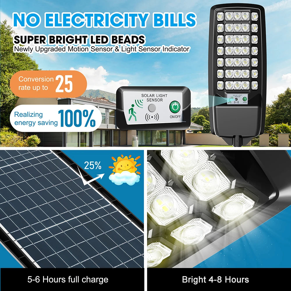 140 LED Solar Light Outdoor Solar Street Light, 6000mAh Waterproof Automatic Sensing Street Light with Remote for Garage Garden