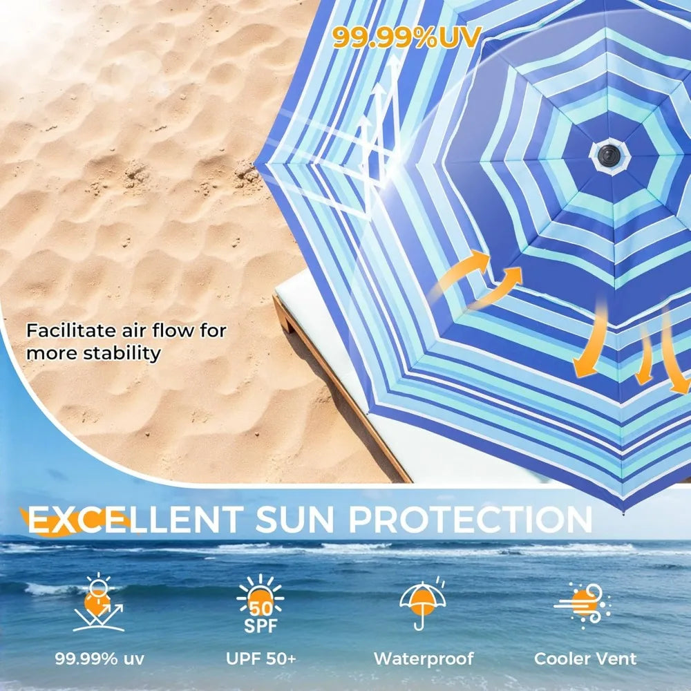 7FT Large Beach Umbrella with Weight Bag Sand Anchor Adjustable Aluminum Pole Table Windproof UPF 50