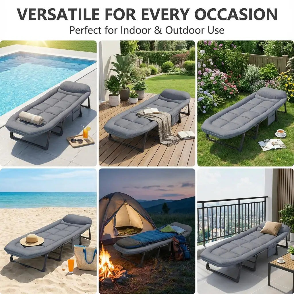 Portable Folding Bed Camping Cot with Soft Padded Mattress 6-Position Adjustable Reclining Sleeping Lounger Heavy Duty Metal Frame for Office Nap Outdoor Travel Guest Space Saving Space