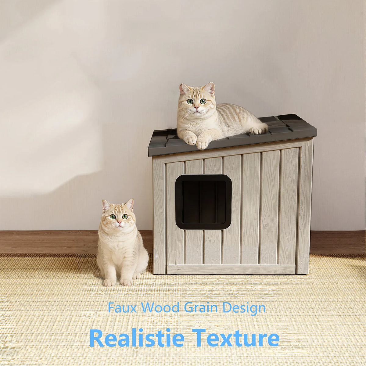 Waterproof Sloped Roof Plastic Pet Cabin, Indoor Outdoor Weather Resistant Cat Shelter for Porch & Yard