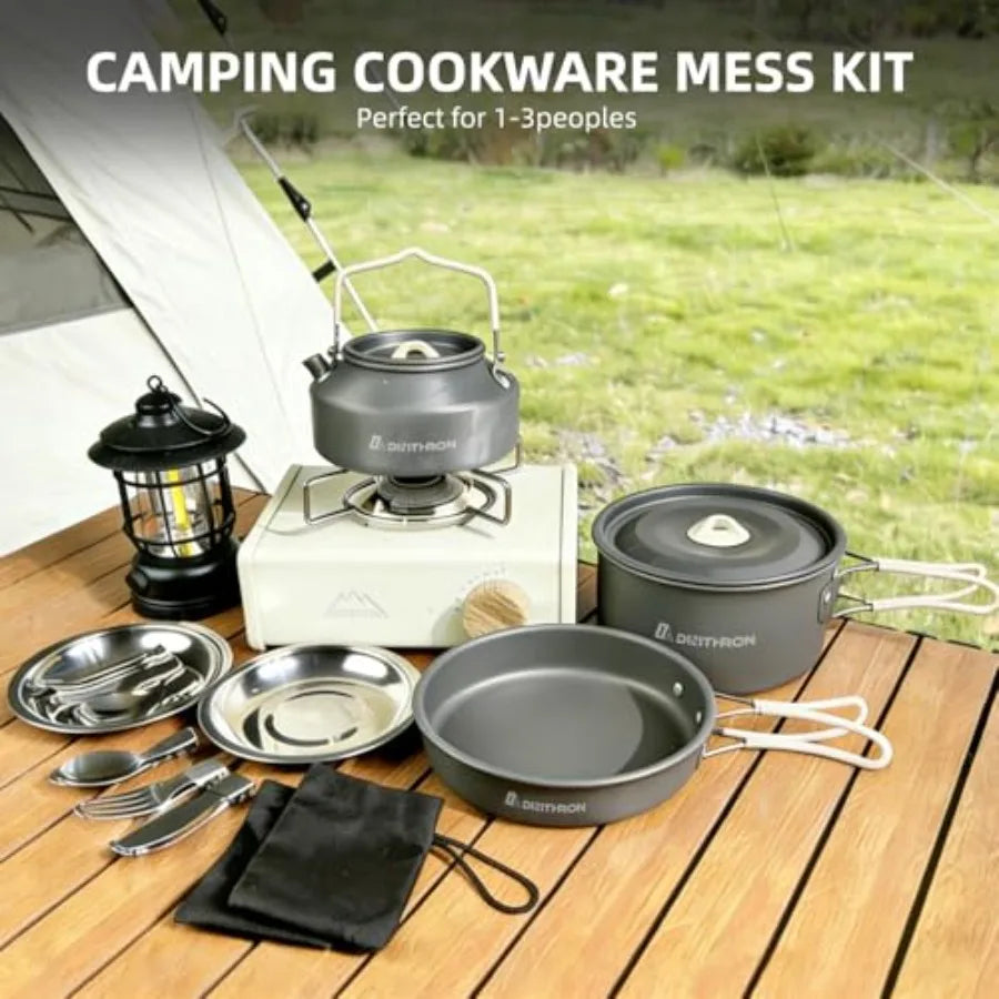 Camping cookware set: aluminum non-stick pots and pans with silicone handles, black-gray color, lightweight and compact for bac