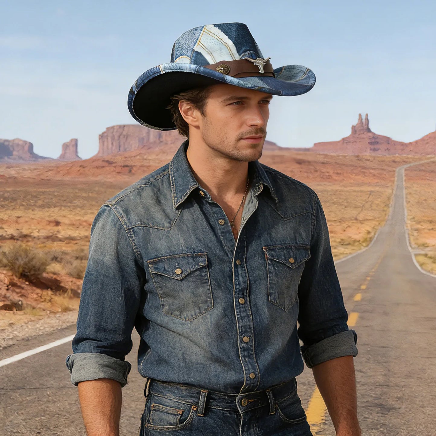 Men's Women's Denim Patchwork Western Cowboy Hat PU Leather Band Bull Head Decor