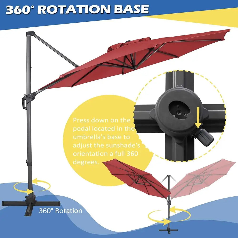 10ft Rotating Cantilever Umbrella with 360° Swivel, 8 Ribs, Fade-Resistant, Waterproof for Outdoor Patio, Garden, Poolside