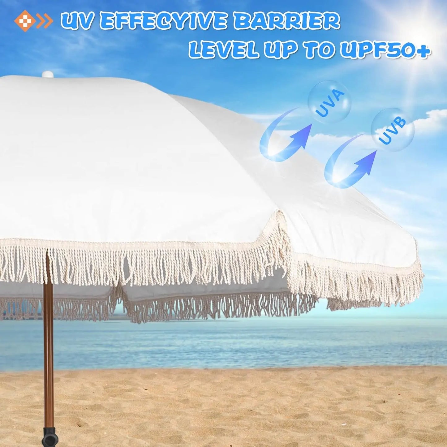 7.5Ft Patio Beach Umbrella with Fringe & Tassel, UPF50+ Push Button Tilt & Crank, for Garden, Lawn, Deck, Yard & Pool