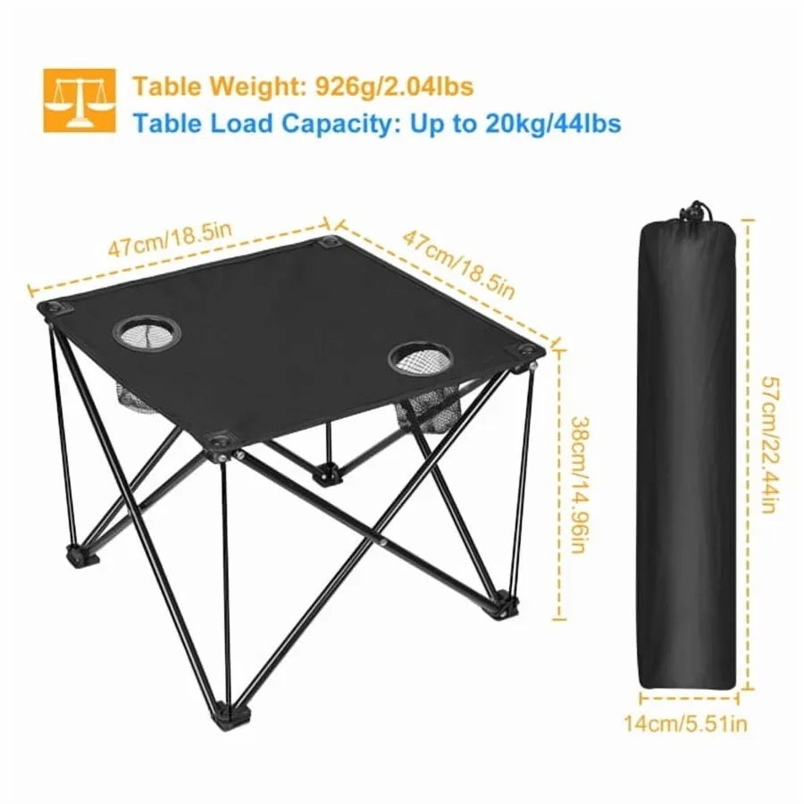 18.5" Square Lightweight Portable Folding Table Waterproof Polyester Top With Cup Holders For Camping Picnics Backpacking