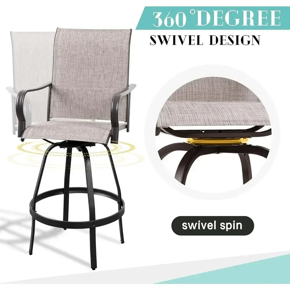 All-Weather Outdoor Swivel Bar Set with 2 High Chairs and Glass Table in Taupe