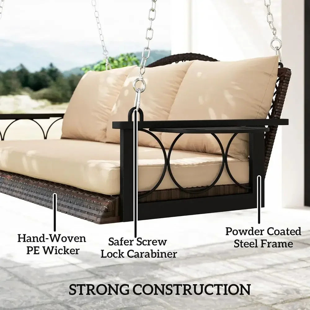 Durable Outdoor Rattan Porch Swing With Integrated Cup Holders