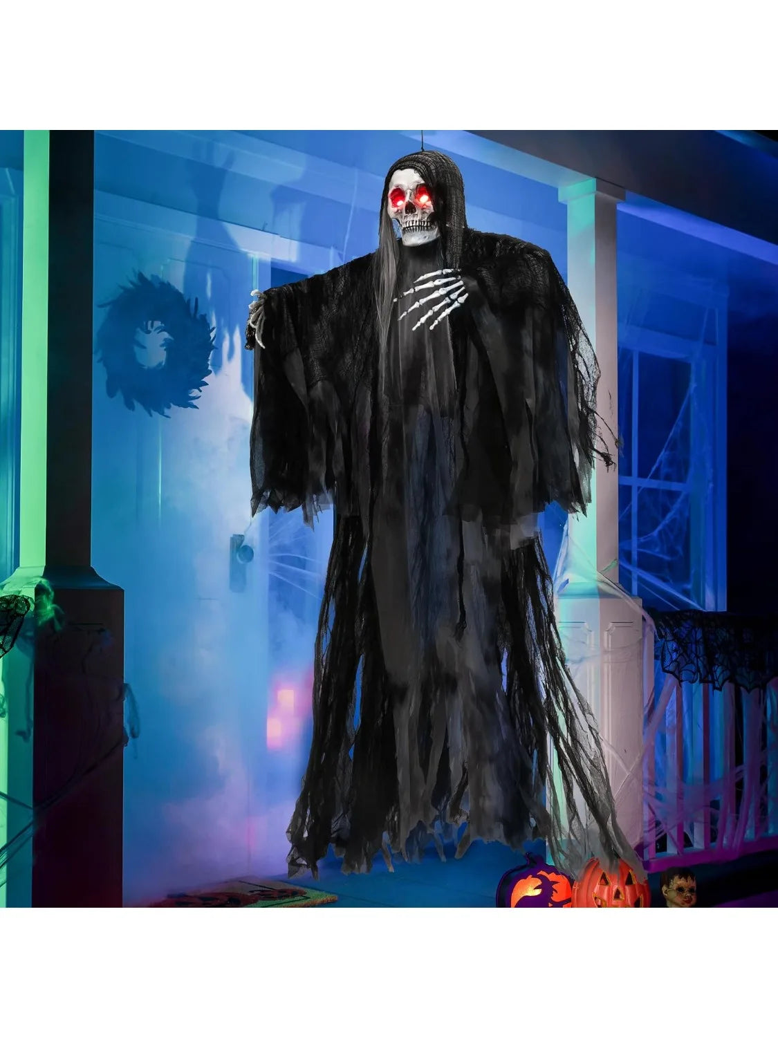 59” Animated Hanging Grim Reaper Halloween Outdoor Decorations with Voice Control Glowing Eyes and Creepy Sound Halloween Decoration for Haunted House Prop Graveyard Lawn Indoor Party Supplies