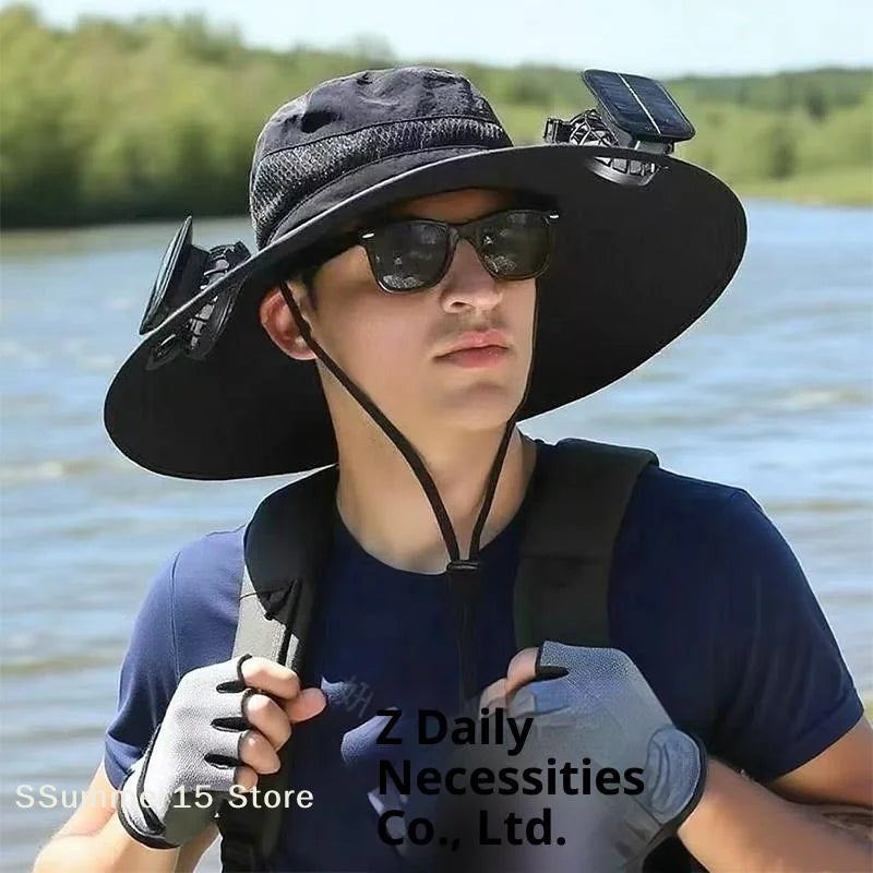 Large Size Quick Dry Bucket Hat With Solar Powered Fan USB Charging Sun Hat For Men Outdoor Hiking Camping Fishing Cooling Wear