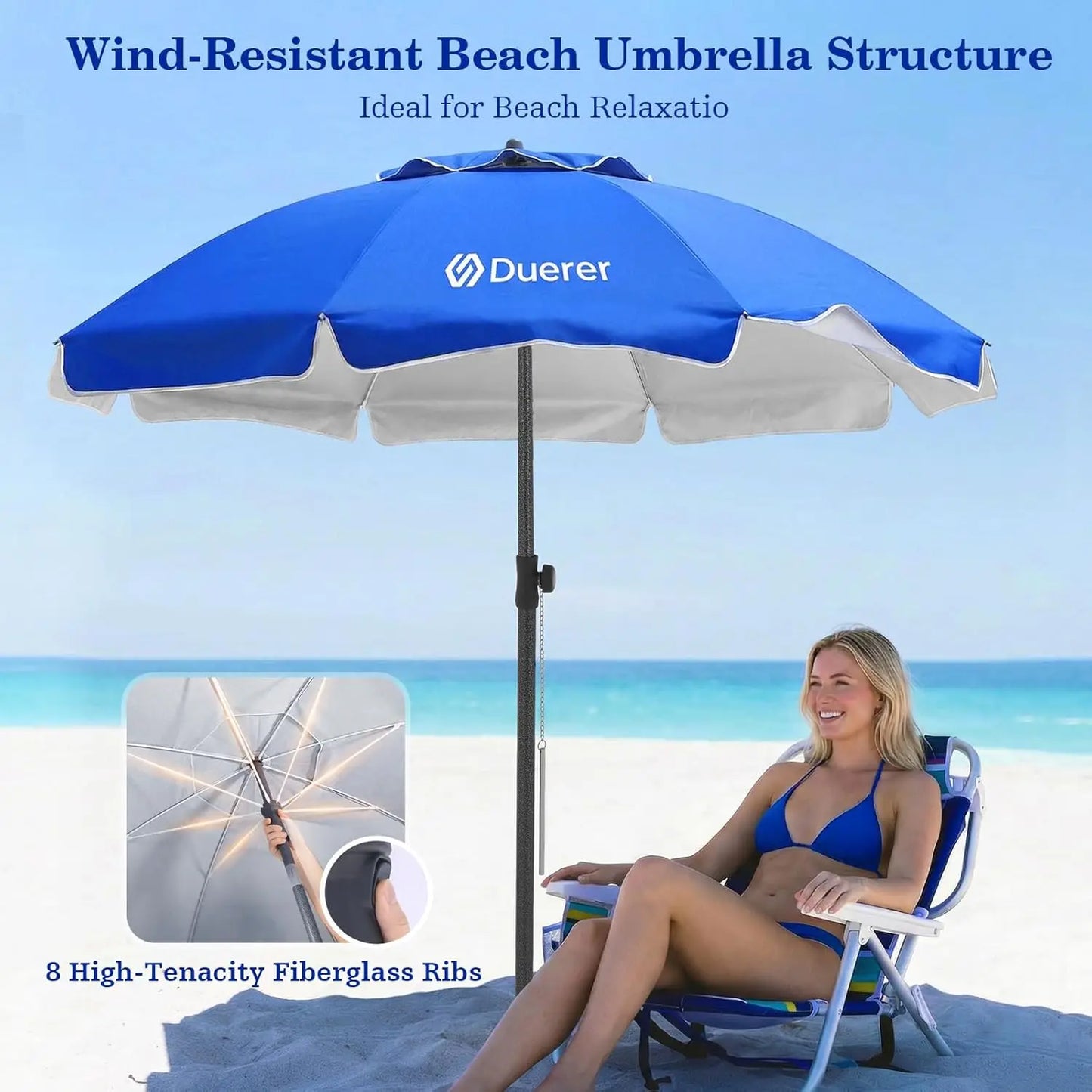 8.5FT Beach Umbrella with Sand Anchor – Heavy Duty Wind Resistant UPF 50+ Sun Shade, Portable with Tilt & Carry Bag for Beach, Sand, Garden, Patio, Pool (Navy Blue)