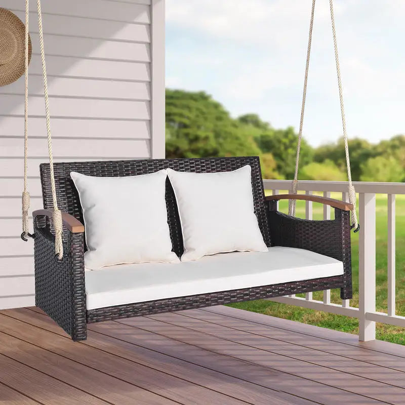 Heavy Duty Double Rattan Hanging Chair Swing With Thick Cushions