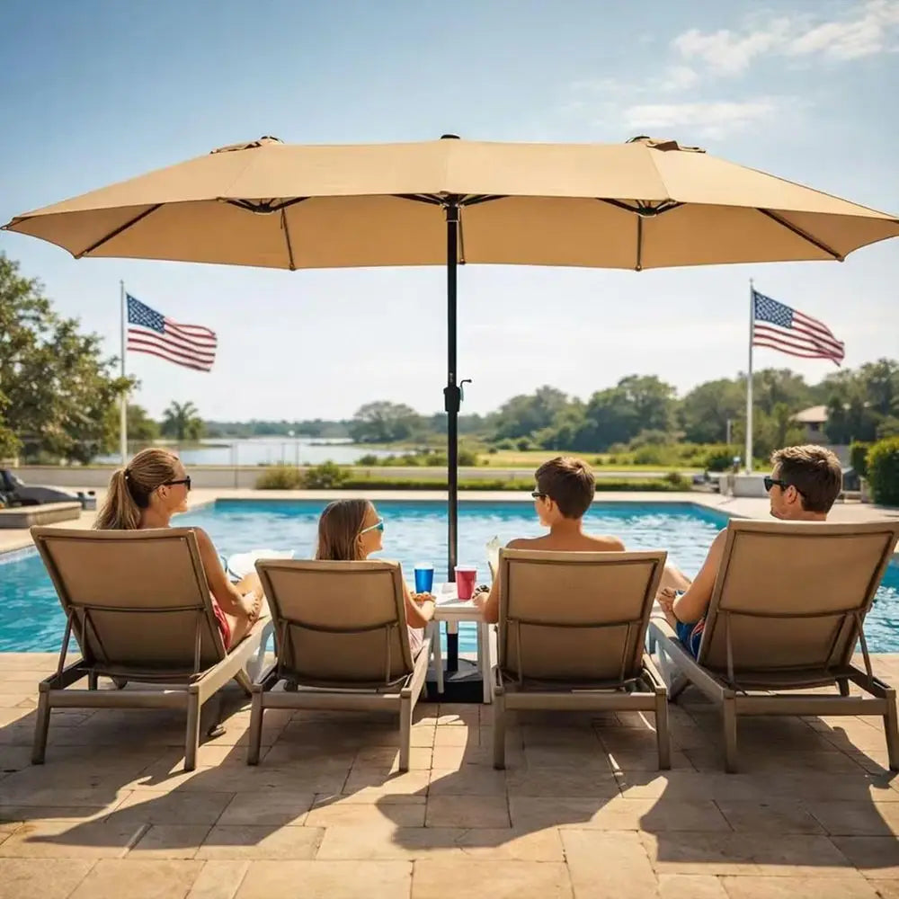 Double-Sided 15ft Patio Umbrella with Crank Lift, UV Protection, and Included Base for Outdoor, Pool, and Garden in Beige