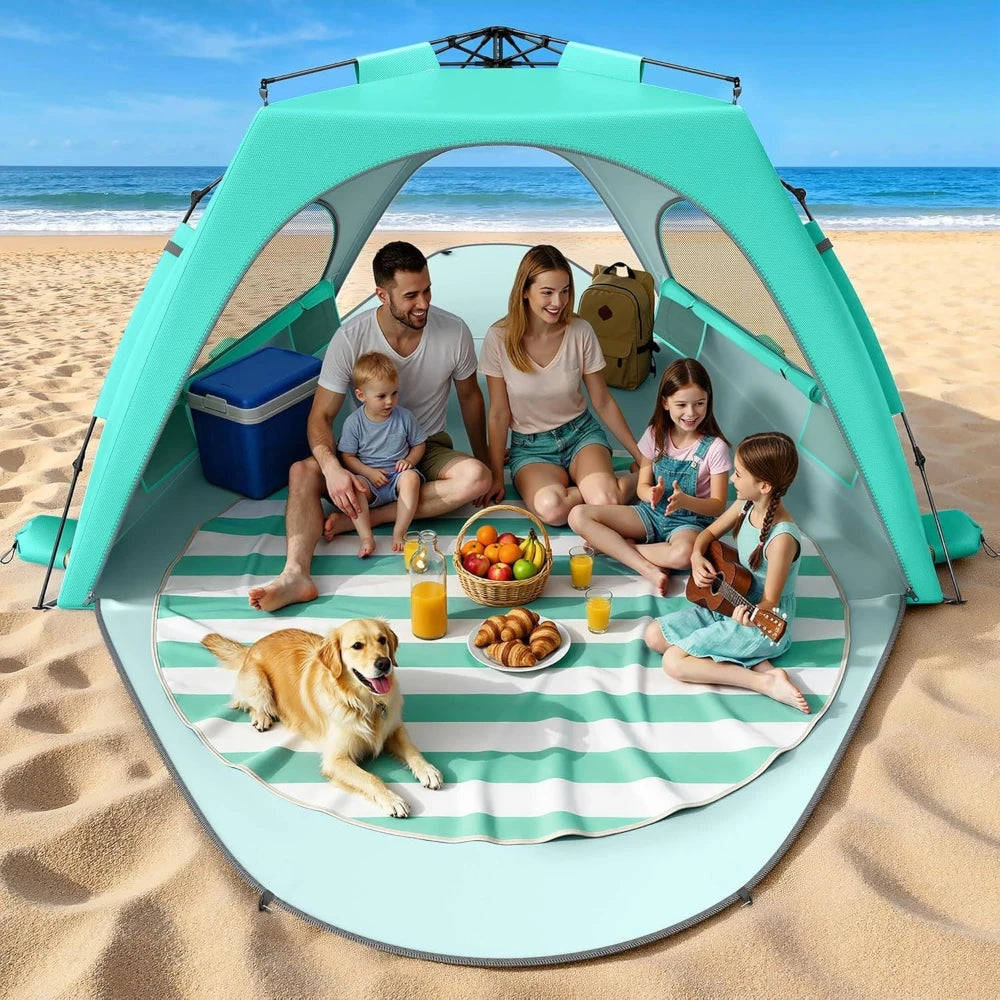 Beach Tent Sun Shelter for 5-6 Person, Pop Up Beach Canopy Waterproof Tarpaulin Awnings, UPF 30+ UV Protection, Breathable Mesh Window, Home Garden Party Tent,Portable Sun Shade Tent with Carrying Bag for Sands & Outdoor Beac