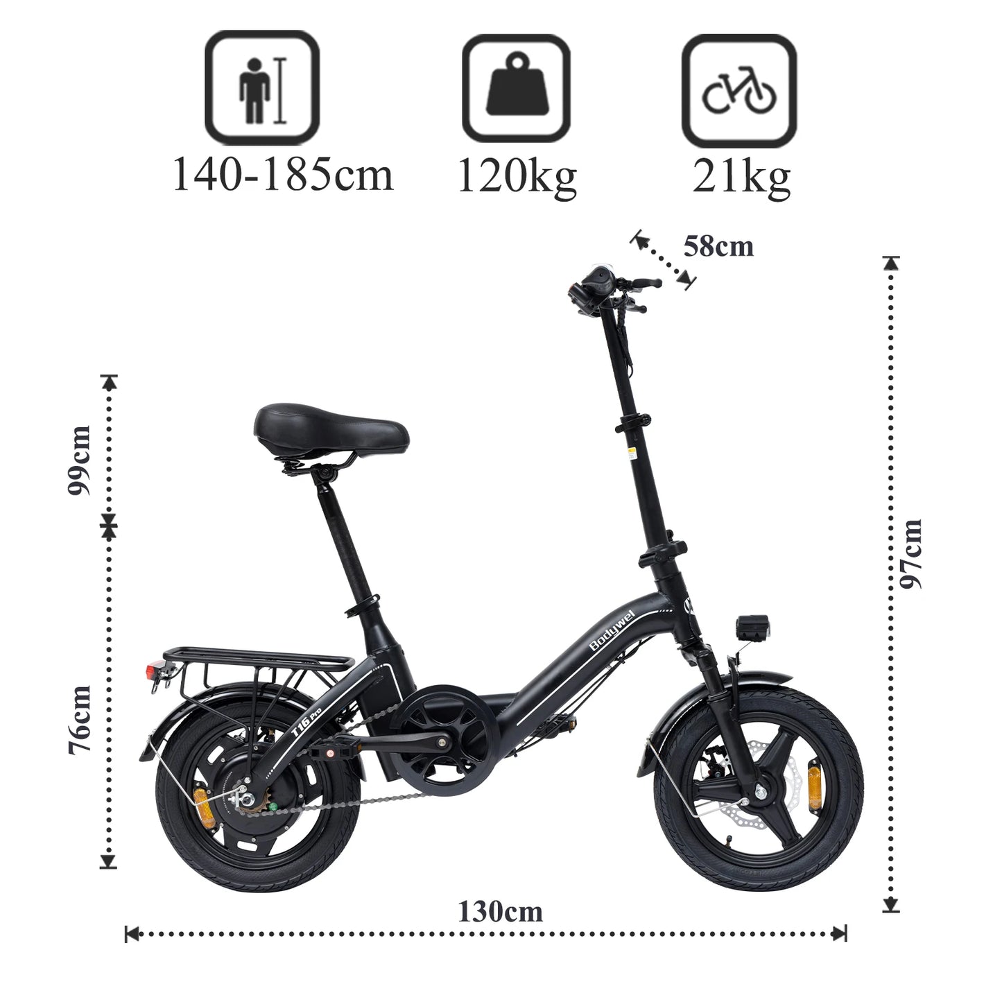 Bodywel T16Pro Folding Electric Bike 20MPH Max Speed 36V 10.4Ah Battery UL/TUV Certified 14" Mini E-Bike for Adult Urban ebike
