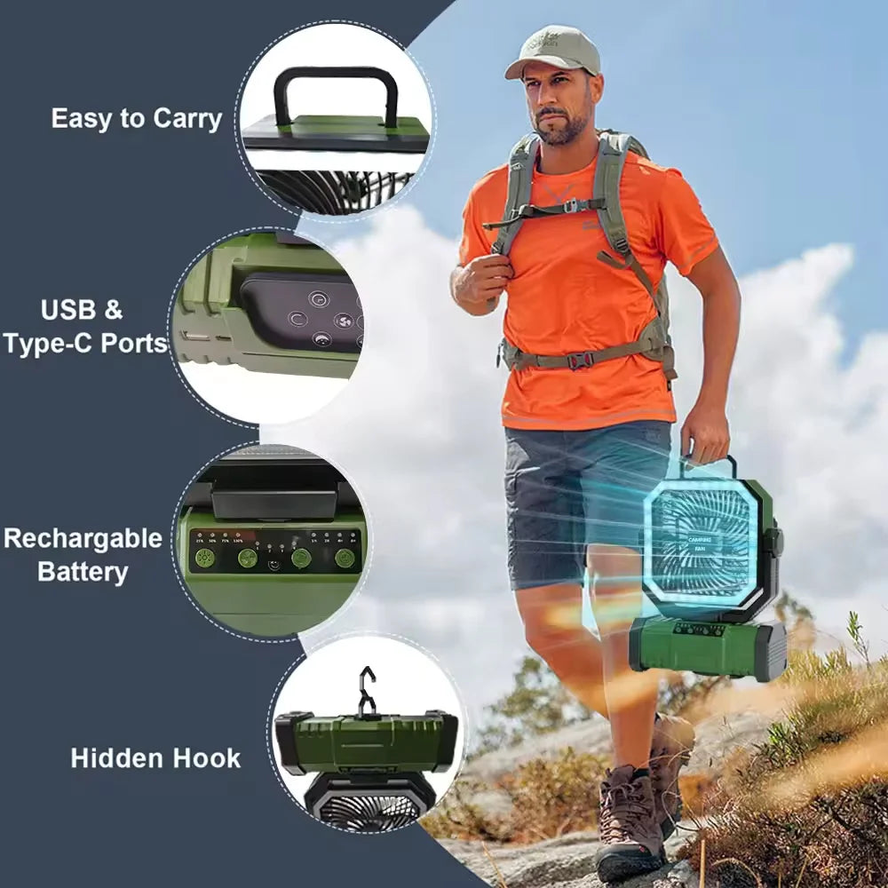 Outdoor Camping Fan 20000mAh Rechargeable Fan with LED Lantern & Remote for Fishing Travel, 4 Speeds 8H Timer, Hanging Hook