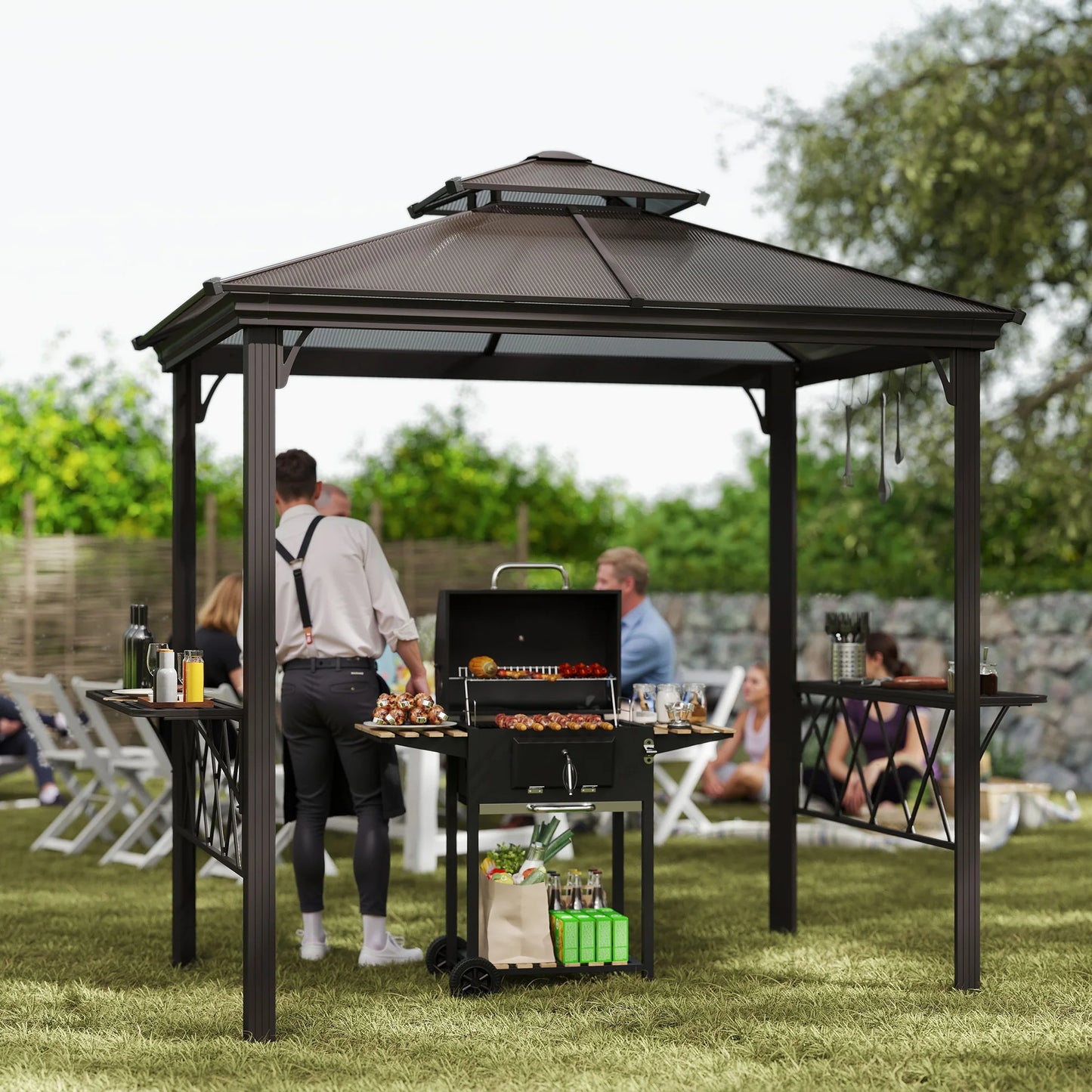 8.3ft Outdoor Double-tier BBQ Grill Canopy Gazebo w/ 2 Shelf, 6 Hooker