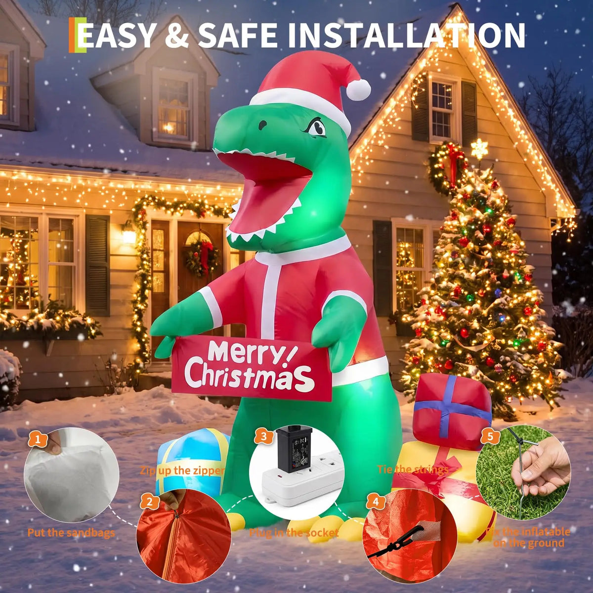 HiMiss Christmas Dinosaur Inflatable Yard Decoration with Led Lights