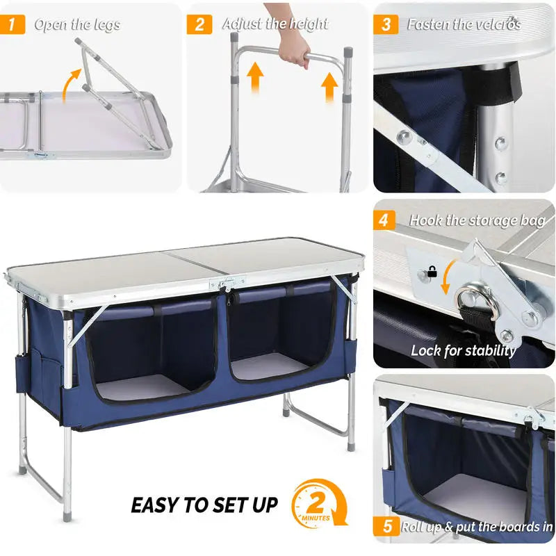 4ft Off-white MDF Desktop Outdoor Folding Table Aluminum Frame Rectangular with Blue Fabric Cabinet 3 Height Adjustments