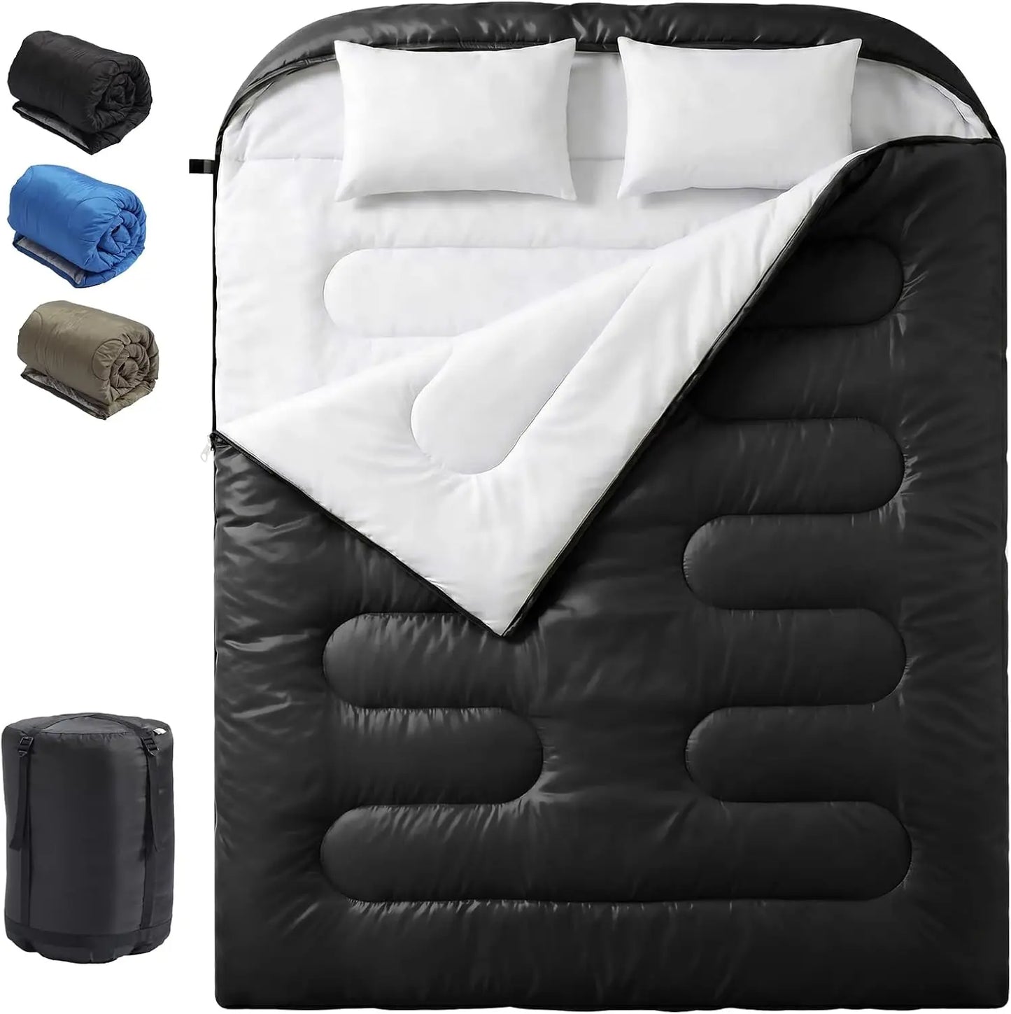 Queen Size 2 Person Lightweight 3 Season Double Sleeping Bag Built-In Pillow Full Zipper Design Warm Cold Weather For Camping Hiking Backpacking